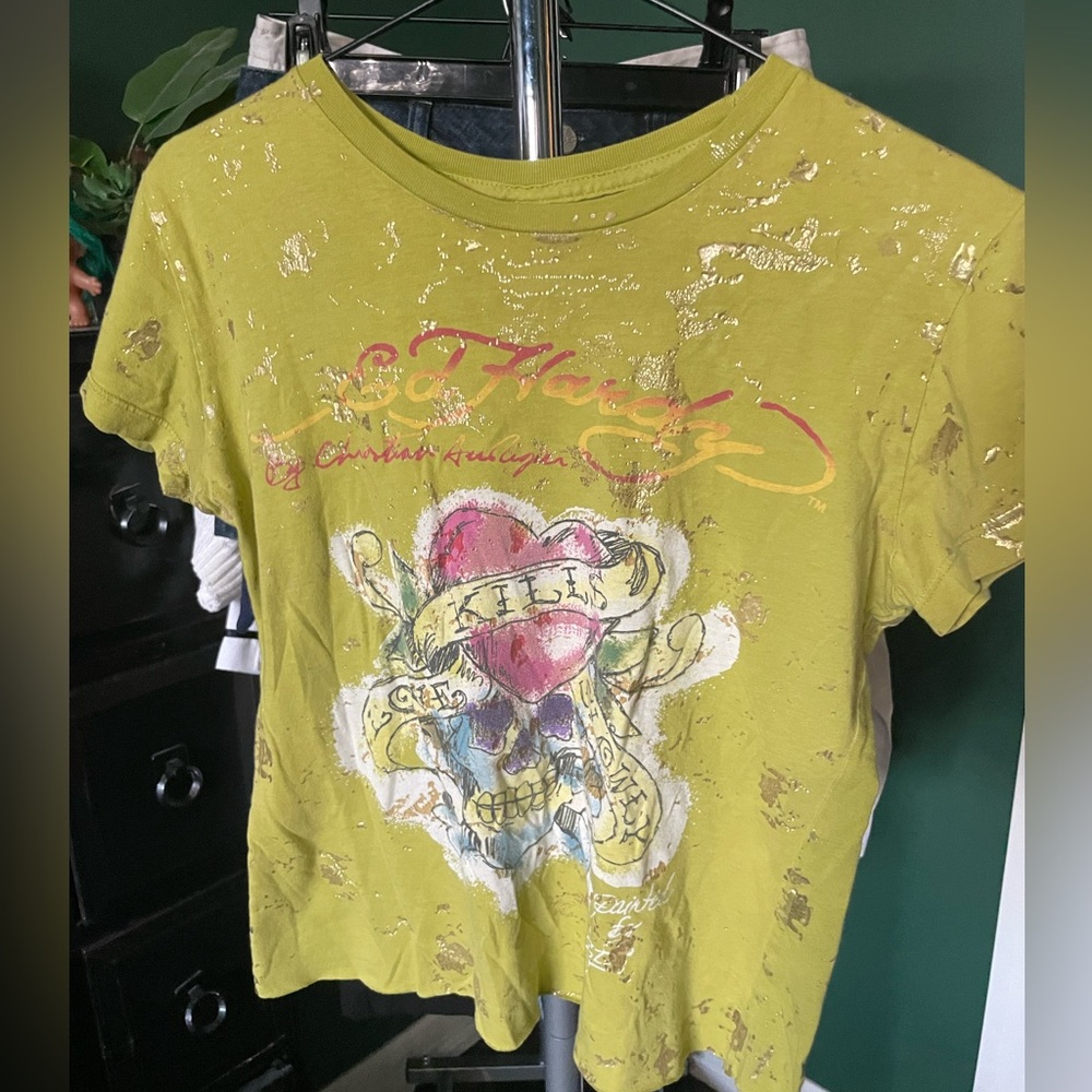 Y2K Ed Hardy grunge splatter cropped tee